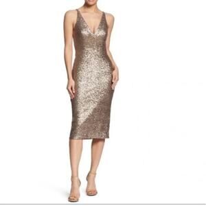 Dress the Population Camilla Sequin Midi Dress Deep V Sleeveless Gold Size Small